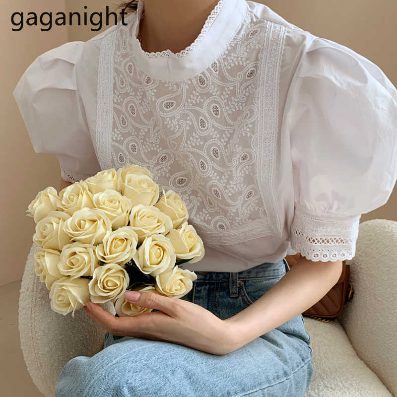 Women Elegant Lace Stand Collar Blouse Summer Floral Embroidery Hollow Out Office Shirt Female Short Sleeve White Tops 210601