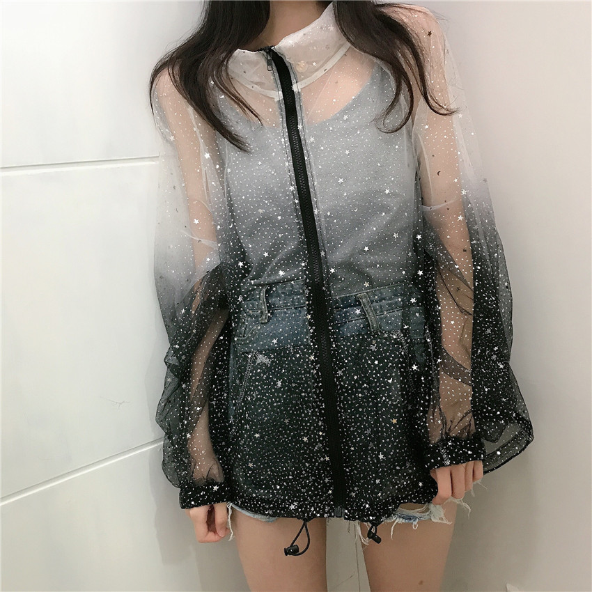 Transparente Sequin Summer Cardigan Blouse Jacket Women Gradient Star Print See Through Loose Korean 210427