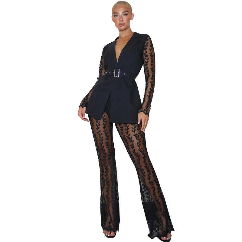 Fashionable Women Lace Party Outfits Embroidery Two Piece Sets Lady's V-Neck Sashes Tops High Waist See Through Flared Pant 210930