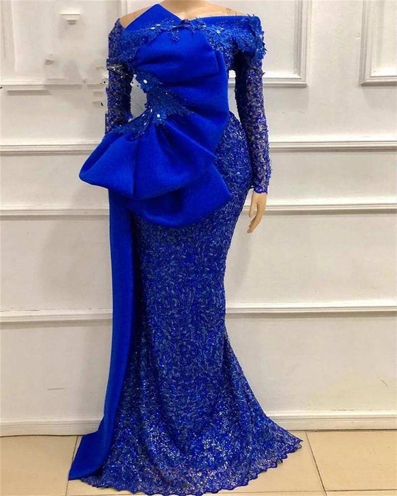 Aso Ebi Royal Blue Formal Mermaid Evening Dresses With Long Sleeves Appliques Lace Bow Special Occasion Gowns Floor Length Reception Dress Prom Wear 2