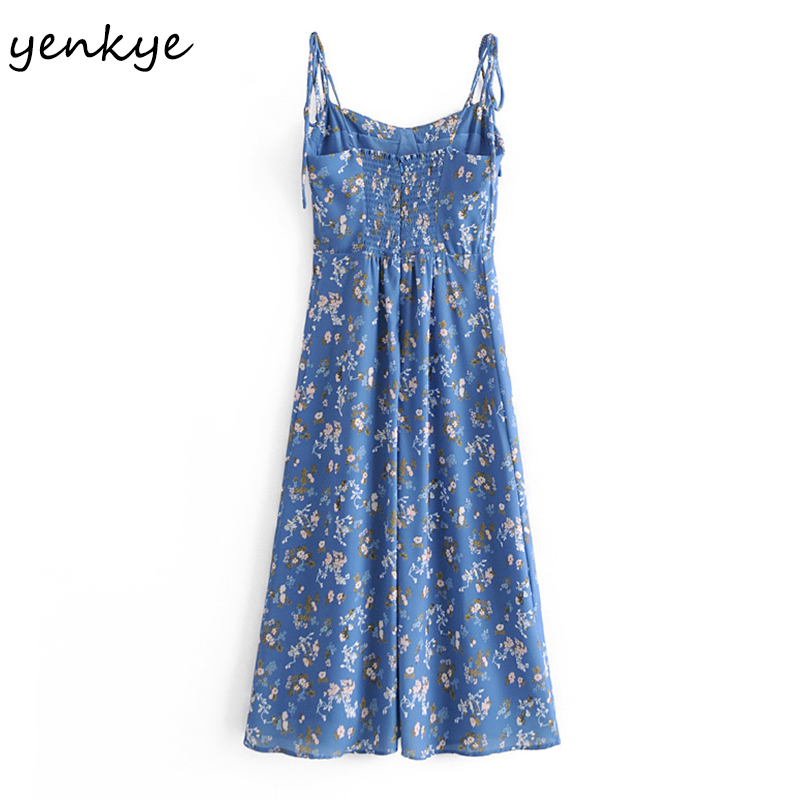 YENKYE Sweet Floral Print Holiday Summer Dress Women Sleeveless Sexy Slits A-line Midi Sling Chiffon Dress Female Party Vestido 210515
