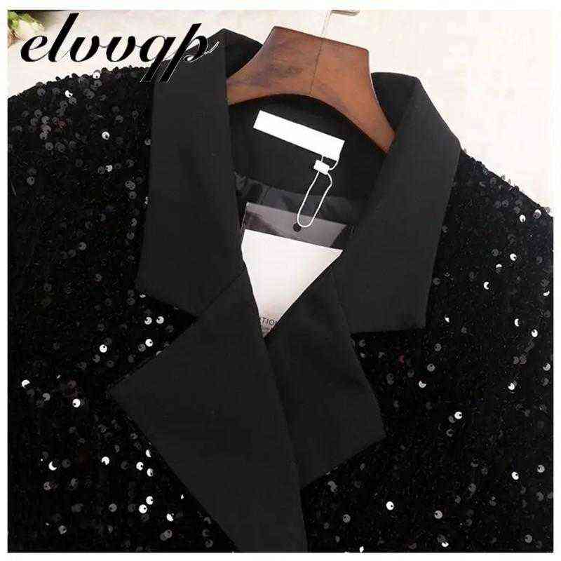 Fashion Women Shiny Sequins Suit Jacket Female Double-breasted Office Work Coat Slim Fit Blazers Autumn Clothes With Belt 211122