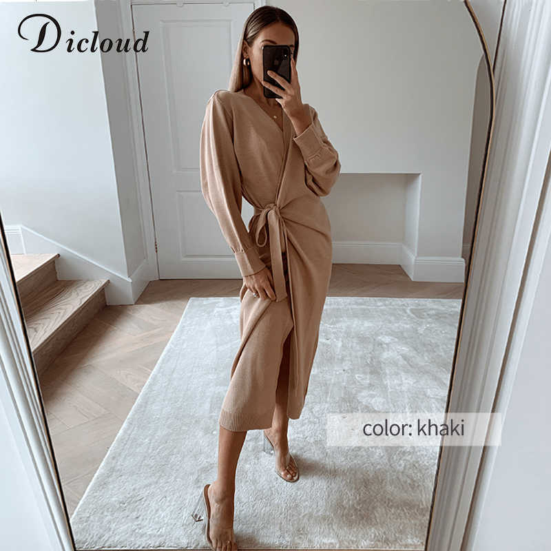 Women's Knitted V Neck Wrap | Cozy Long Oversized Day Midi Dress