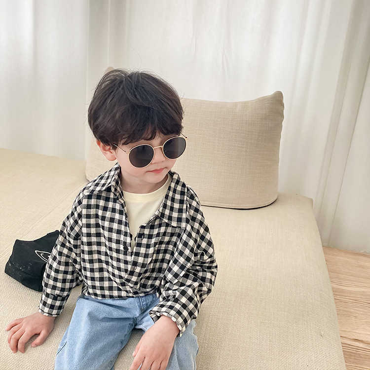 Korean style baby girls fashion plaid shirts cotton soft casual long-sleeved shirt children Tops 210713