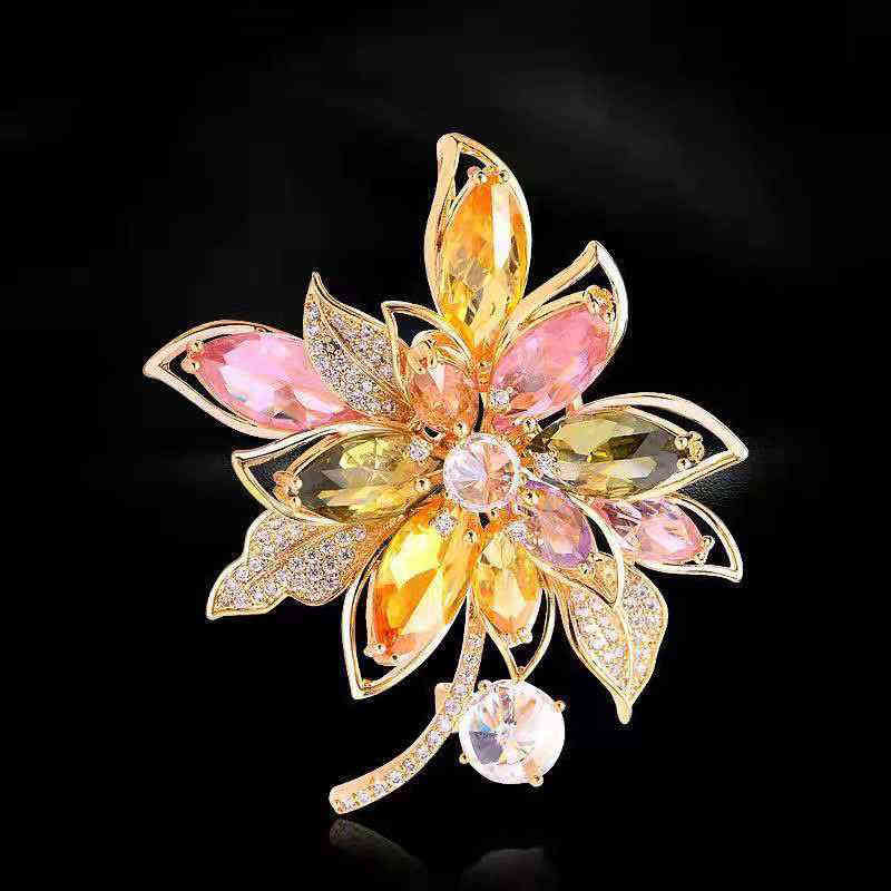 2021 Color Zircon Flower Brooch Female Korean Fashion Temperament Gold High-grade