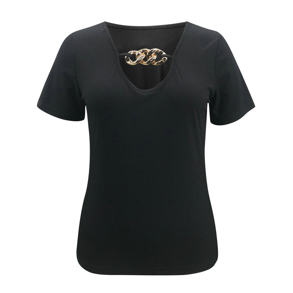 Sexy Solid Women T-Shirt Summer V-Neck Low-cut Short Sleeve Hollow Out Chain Decor Slim Pullover Tops Casual Female Black Tshirt 210522