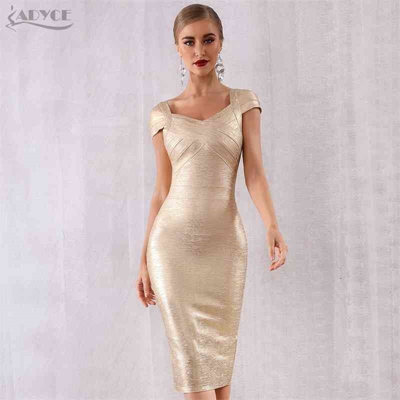 ADYCE New Summer Gold Bandage Dress Women Vestido Sexy Short Sleeve Bodycon Club Dress Midi Celebrity Evening Party Dresses 210329
