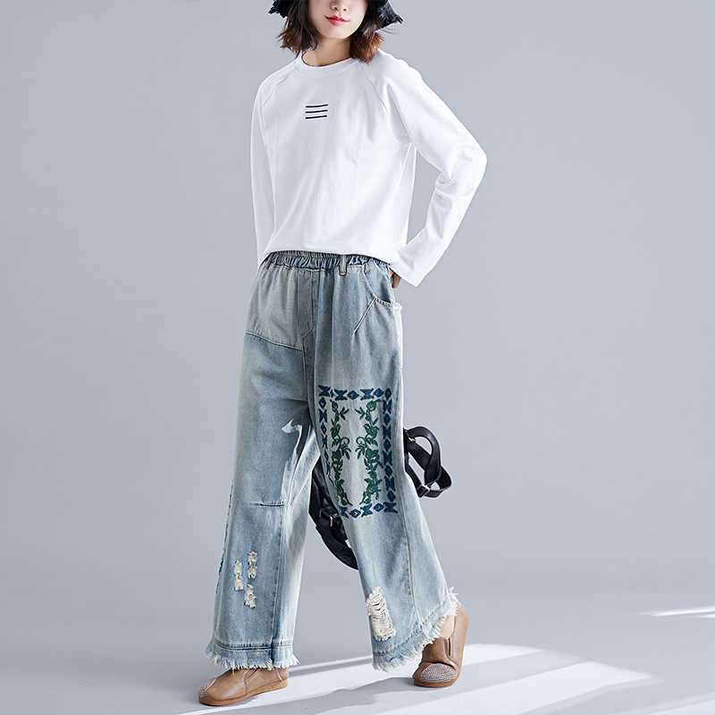 7042 Women Spring Summer Fashion Korea Style Elastic Waist Printed Frayed Patchwork Ankle Length Denim Lady Casual Loose Jeans 210922