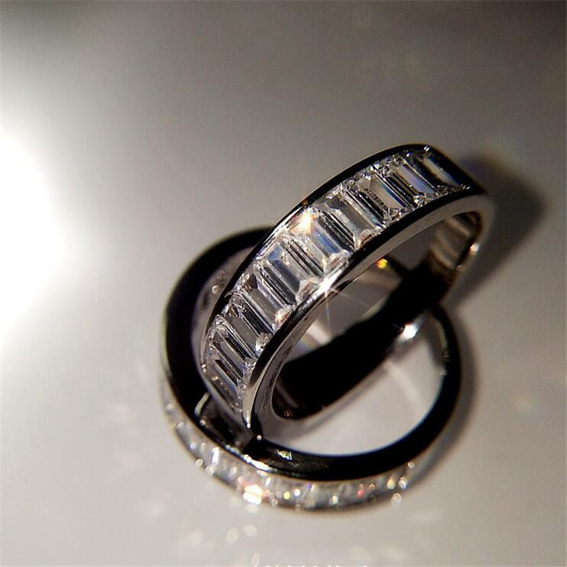 Exquisite Sterg Sier Emerald Cut White Topaz Eternity Ring: Unique Wedding Band Jewelry