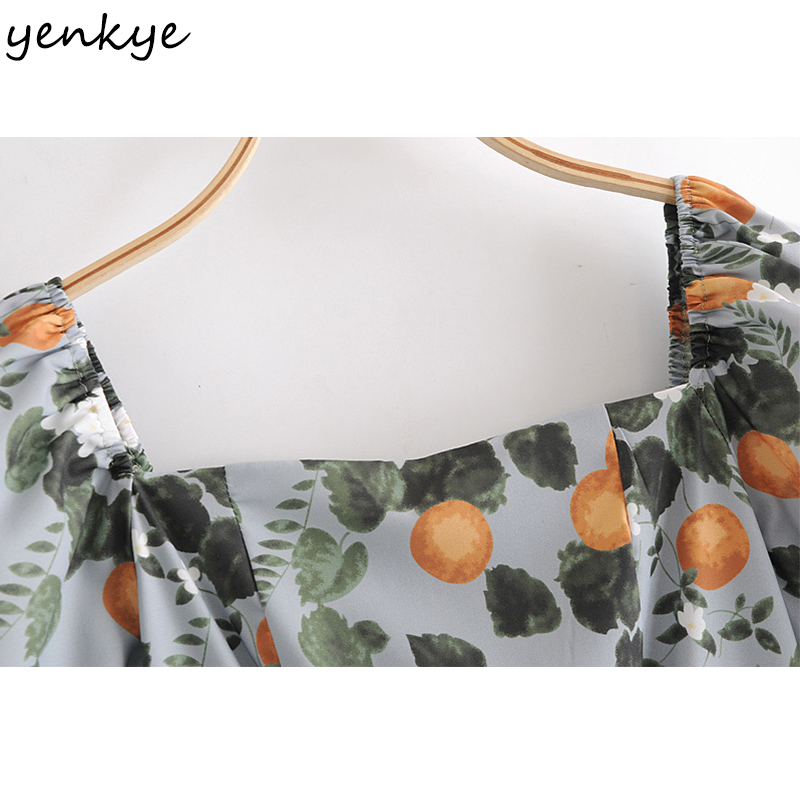 YENKYE Vintage Lemon leaves Print Prairie Chic Dress Women Sexy Square Neck Long Sleeve A-line Chiffon Long Dress Summer Vestido 210515