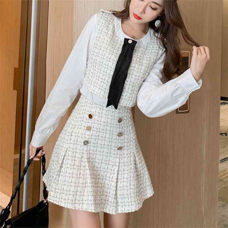Women Sets Long Sleeve Patchwork Fake Two-Piece Tops + Autumn Winter High Waist Double-Breasted Tweed Skirt Outfits 210520, Photo color
Women Sets Long Sleeve Patchwork Fake Two-Piece Tops + Autumn Winter High Waist Double-Breasted Tweed Skirt Outfits 210520, Photo color