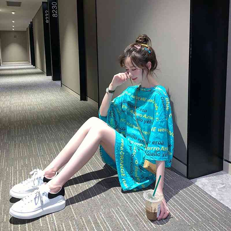 Korejpaa Women T-shirt Short Sleeve Fashion Summer Harajuku Letter Korean Loose Casual Medium Length Top Tee Shirt 210526