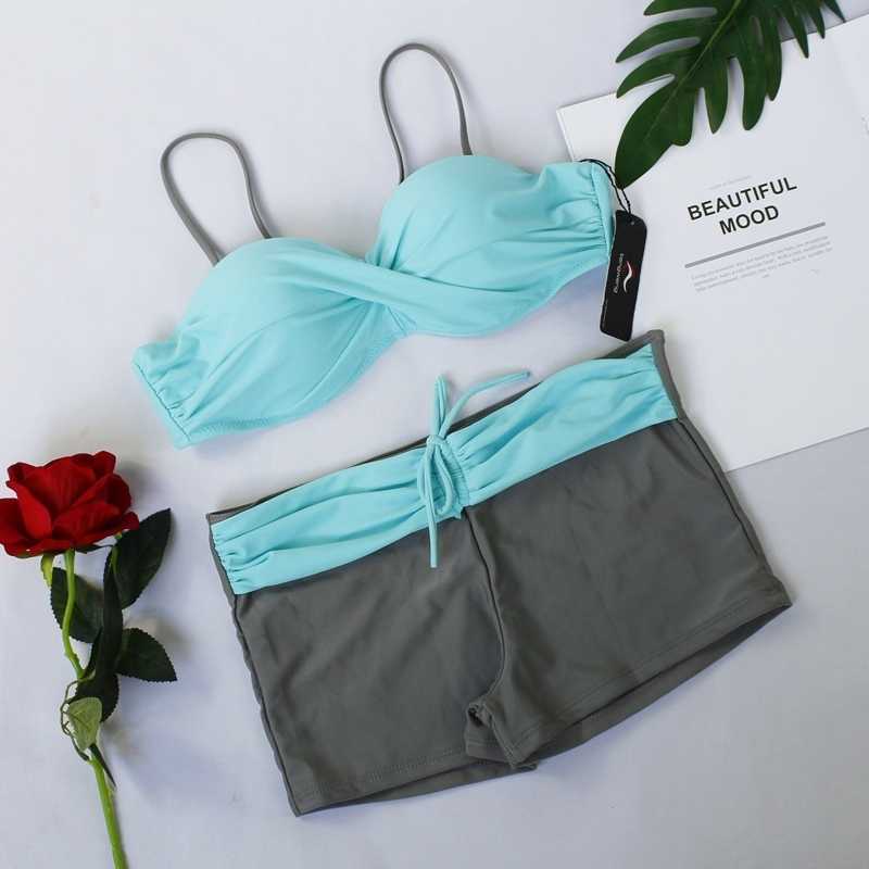 Women's Push Up High Waist Tankini Swimsuit Solid Patchwork Shorts Two Piece Bathing Suits