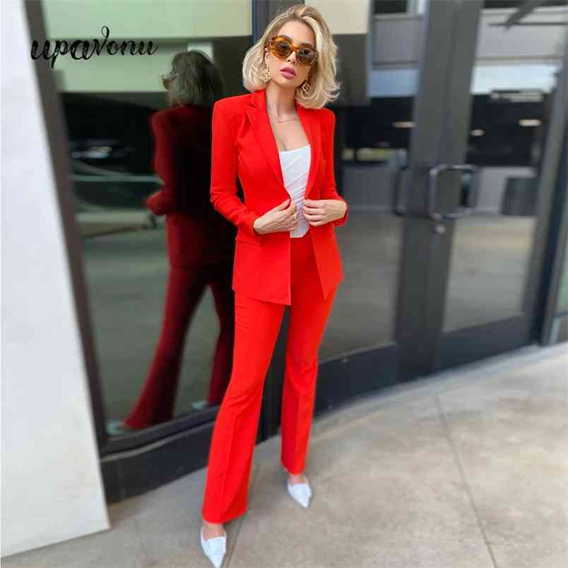Free Spring Women's Red Blazer Set Elegant V-neck Long Sleeve Blazer&flared Pants 2 Two-piece Runway Party 210524