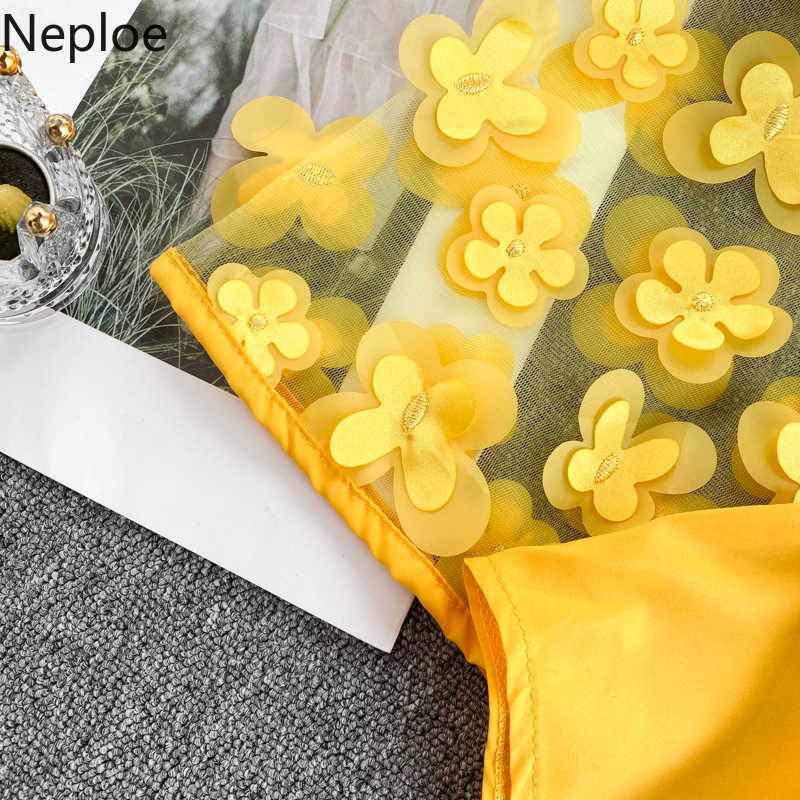 Neploe Autumn Spring Slim Waist Lace Up Blouse O Neck Patchwork Mesh Flare Long Sleeve Appliques Blusas Elegant Shirt T200322
