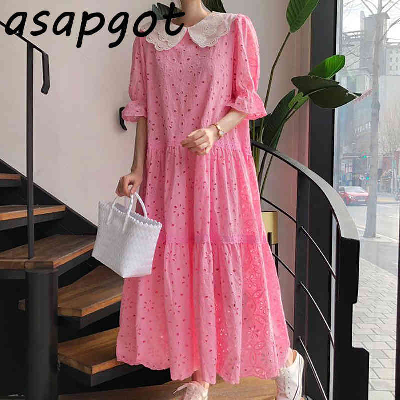 Dresses Chic Korean Sexy Hollow Out Pink Lace Peter Pan Collar Dress Women Flare Sleeve Patchwork Loose Sweet Summer Fashion 210429