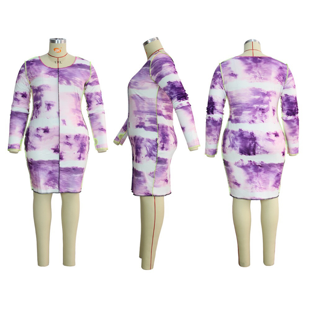 3xl 4xl Plus Size African Bodycon Dress Purple Print Long Sleeve Sheath Sexy For Evening Party Night Club Clothes Short Dresses 210510