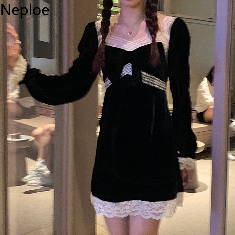 Neploe Korean Vintage Velvet Dress Autumn Winter Temperament Vestidos Lace Patchwork Square Collar Black Mini Dresses Women 210422