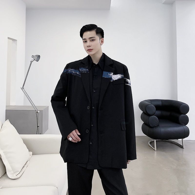 IEFB /men's wear autumn winter print big size black blazers fashion single breasted all-match loose suit for male 9Y4050 210524