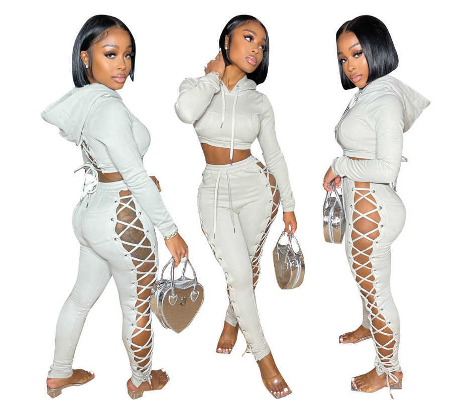 Women's Two Piece Pants Designers Women Clothes 2023 autumn and winter women's fashion corns bandage solid color pants two-piece set