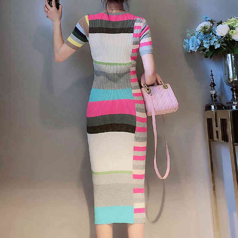 Summer Women 0-Neck Short Sleeve Striped Bodycon Knee Length Dress Sexy Partynight Club Intarsia Sweater C-065 210522