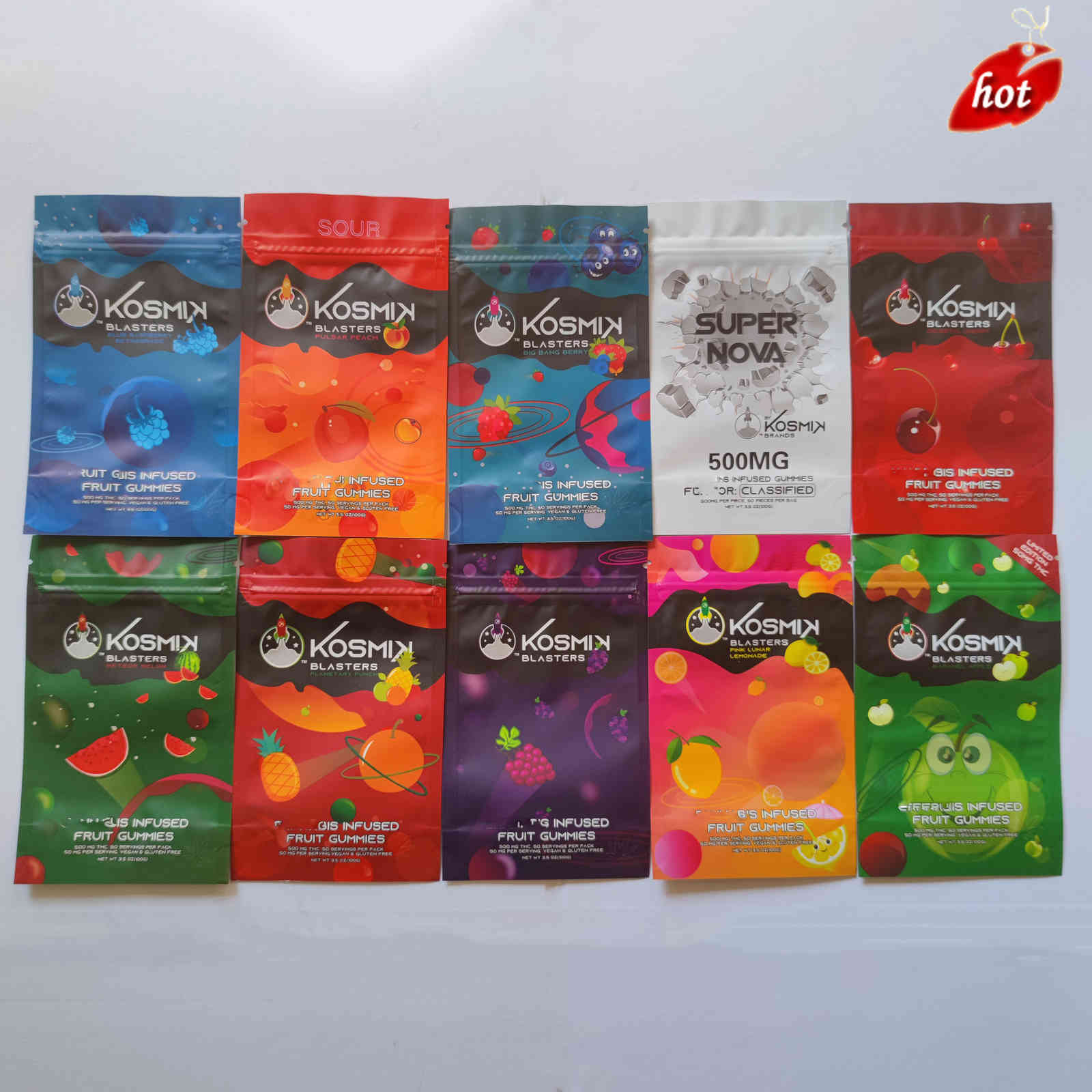 New kosmik blasters sour fruit gummies packing bags 500mg 50 servings per pack 50mg per 3.5oz resealable mylar Edibles Infused Gummy zipper package bag 9LWC
New kosmik blasters sour fruit gummies packing bags 500mg 50 servings per pack 50mg per 3.5oz resealable mylar Edibles Infused Gummy zipper package bag 9LWC