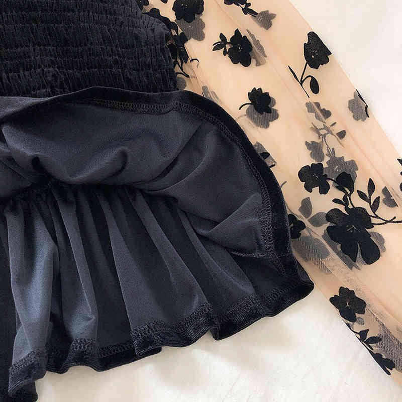 Spring Autumn Velvet Blouse Women Mesh Floral Sleeve Patchwork Tops Female OL Casual Blouses Korean Elegant Blusas 210519