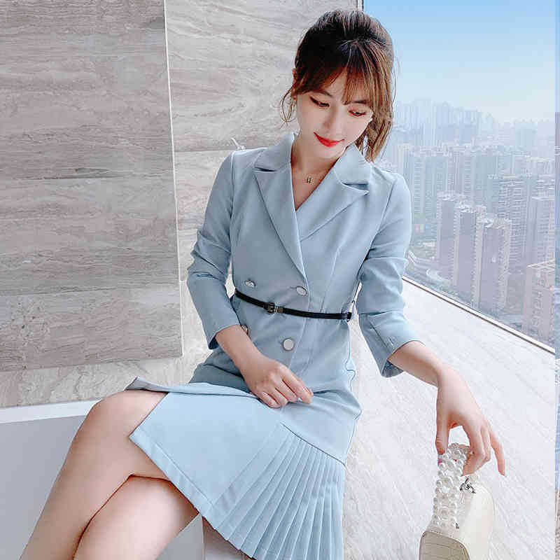Light Blue Stand Collar Double Breasted Pleated Skirt High Waist Stitching Temperament Goddess Office Lady French Dress 210515
