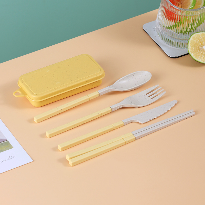 Wheat Straw Portable Tableware Set Folding Tablewares Knife Fork Spoon Chopsticks Detachable With Storage Box