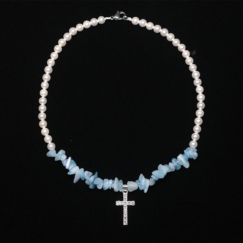 Chokers 2000s Accessories Blue Green Natural Stone Cross Pendant Necklace For Women Harajuku Egirl Charm Lmitation Pearl Chain Jewelry
Chokers 2000s Accessories Blue Green Natural Stone Cross Pendant Necklace For Women Harajuku Egirl Charm Lmitation Pearl Chain Jewelry