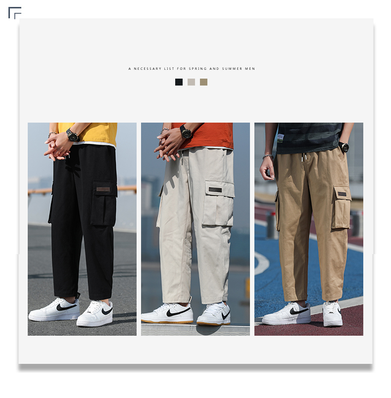 Khaki Pants Men Straight Fit Pockets Wide Leg Solid Color Cargo Pants Work Trousers Male Mens Hip Hop Clothing