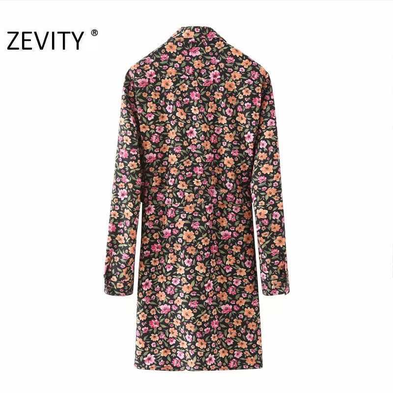Zevity Autumn Women Fashion Turn Down Collar Flower Print Shirt Dress Office Ladies Chic Bow Tied Sashes Casual Vestido DS4574 210603