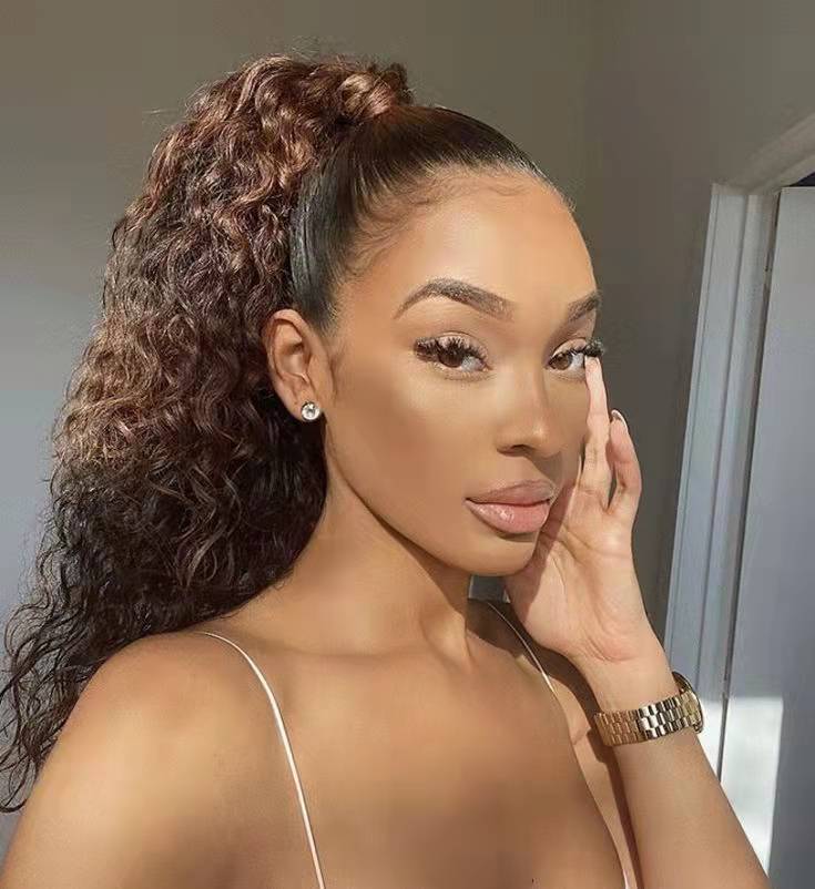 Medium brown kinky curly wraps ponytail hairpiece long high human hair african american pony tail extension color #4 120g