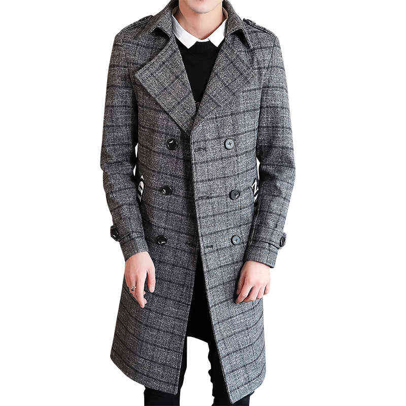 Winter Woolen Coat Jackets Men Casual Slim Long Mens Wool Trench Coat Double-breasted British Style Plaid Outwear Windbreaker