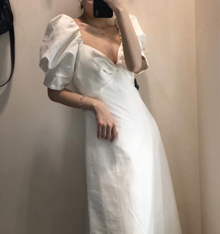 Women Vintage V neck Knik Short Puff Sleeve Dress Retro Backless Slim Waist A line Midi Long Dresses Elegant White Vestido 210429