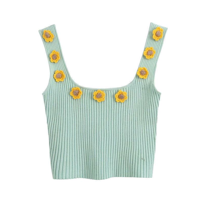 Women Sweet Fashion Floral Appliques Short Knitted Vest Vintage Sleeveless Sweater Girls Chic Jumpers 210520