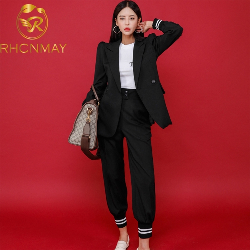 Fashion Women Pant Suits Long Sleeve Belted Blazer Trousers Suit Office Lady Work wear 2 Pieces set Women's Set 210506
