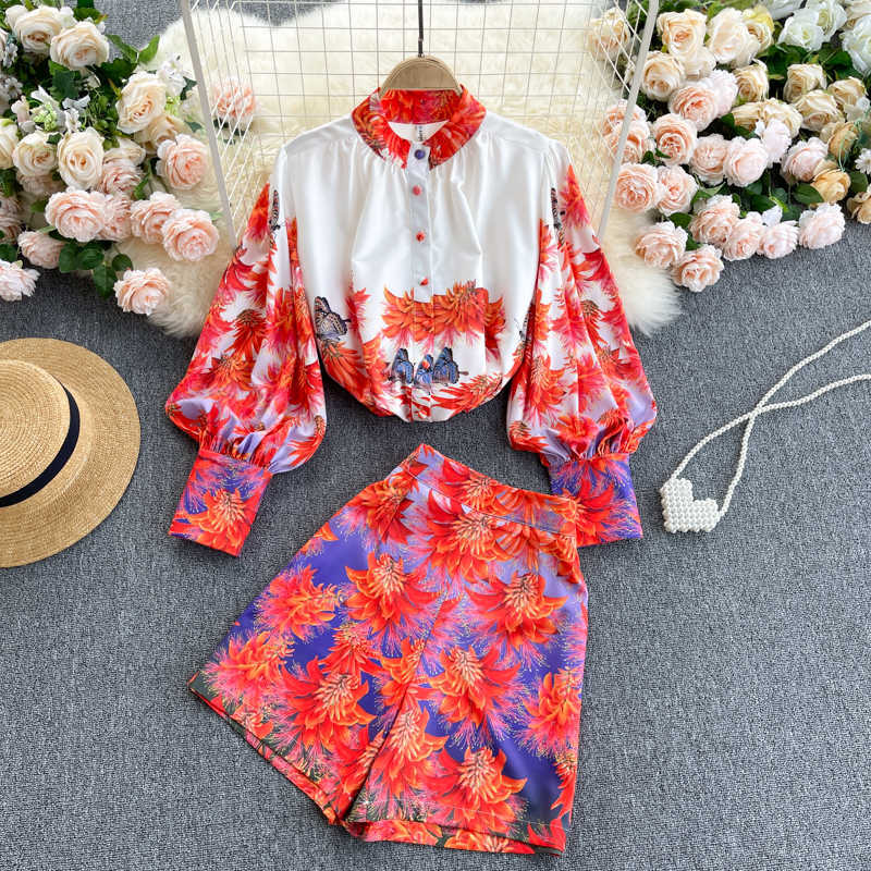 DEAT Women High Waist Wide Leg Shorts Print Lantern Sleeve Shirt Two Piece Set Fashion Spring Summer 11B508 210709