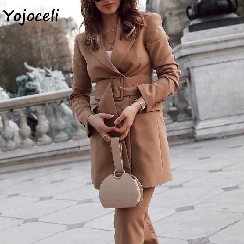 Yojoceli trendy elegant sashes double breasted blazers work day jackets outerwear coats streetwear 210609