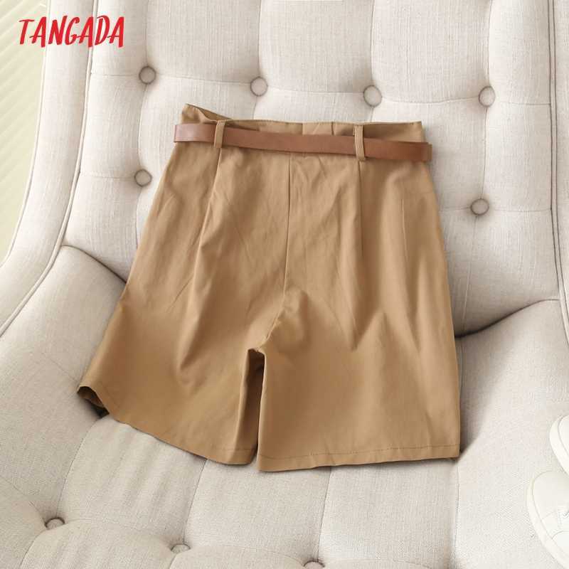 Tangada Summer Women Elegant Solid Cotton Shorts with Belt Pockets OL Pantalones 7H02 210714