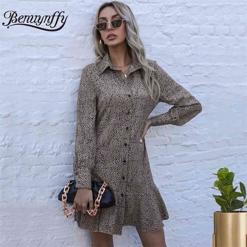 Turn-down Collar Print Shirt Dress Women Long Sleeve Button Up Ruffle Hem es Spring Office Ladies Mini 210510