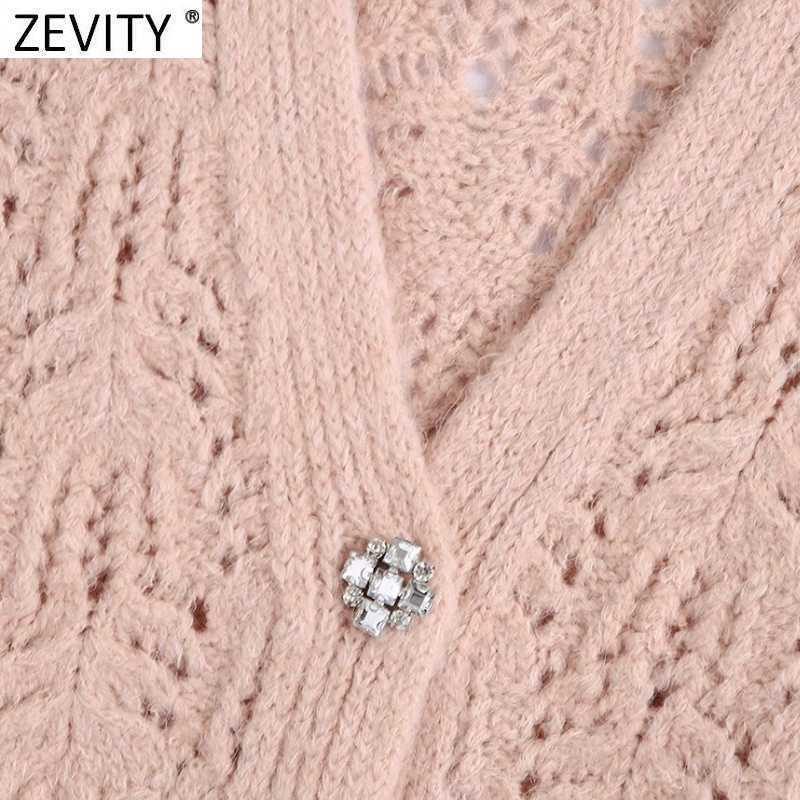Zevity Women Fashion V Neck Hollow Out Crochet Knitting Sweater Ladies Sleeveless Diamond Button Vest Cardigans Chic Tops SW842 210603
