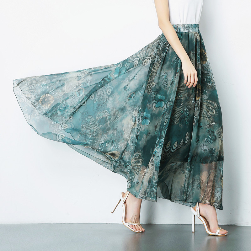 Summer High Waist A- Line Skirt Slim Fit Large Size Printed Chiffon Bohemian Holiday Big Swing 8826 50 210427
