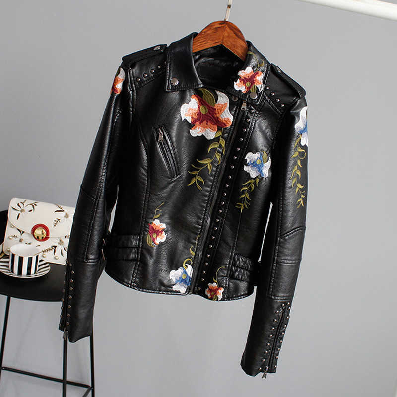 Ly Varey Lin Floral Print Embroidery Faux Soft Leather Jacket Women Pu Motorcycle Coat Female Black Punk Zipper Rivet Outerwear 210526