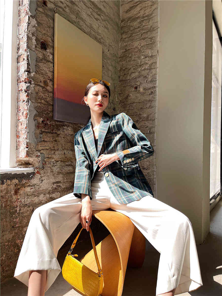 British Style Plaid Green Blazer Women Fashion Jacket Patch Ladies Suit Tailored Coat Spring 210427