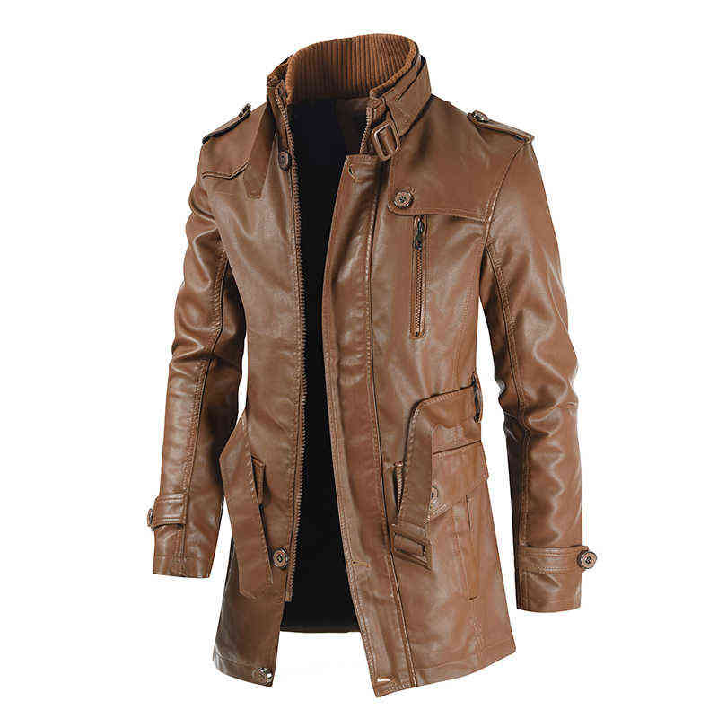men's mid-length leather jacket with stand-up collar plus velvet large size men's belt warm and windproof PU jacket 211111