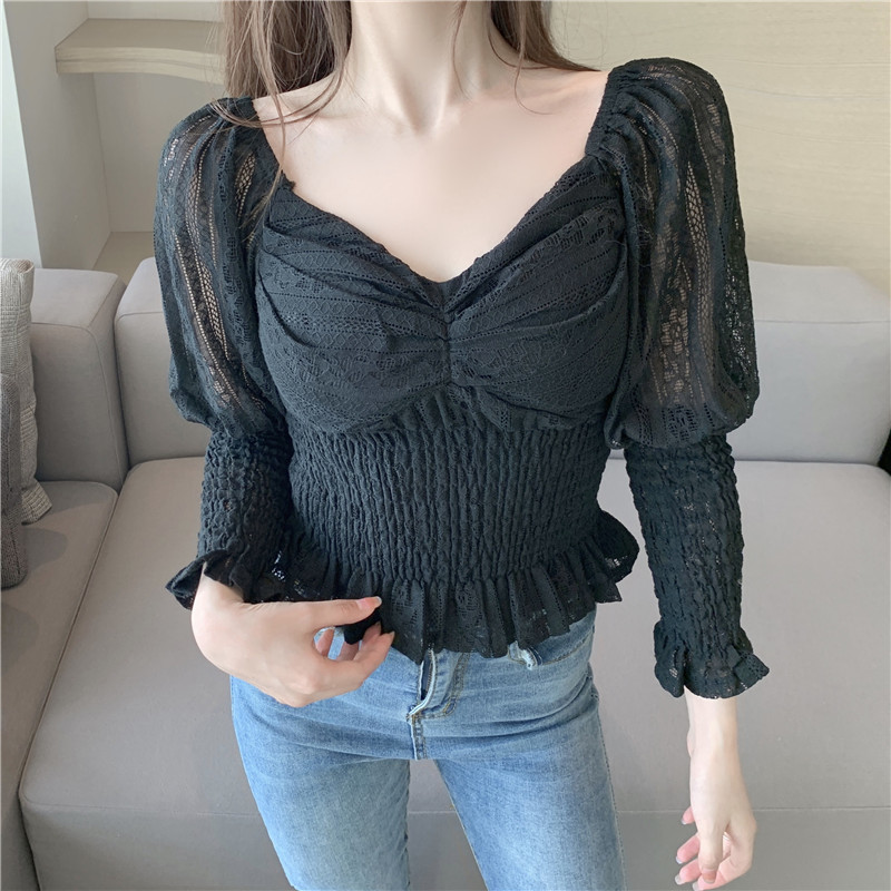 Women Long Sleeve Lace Shirt Square Collar Hollow Out Ruffled Tops Fashion Blouses Ropa Mujer 12966 210427