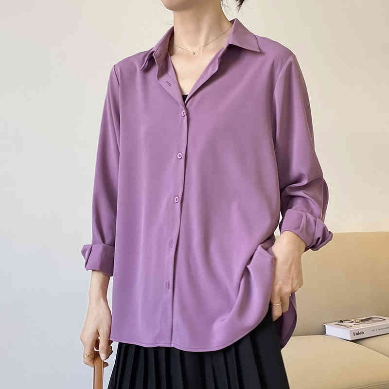 Back Slit Blouse Women's Spring Lapel Loose Single Breasted Long Sleeve Temperament Simple Shirt Female 5C12 210427