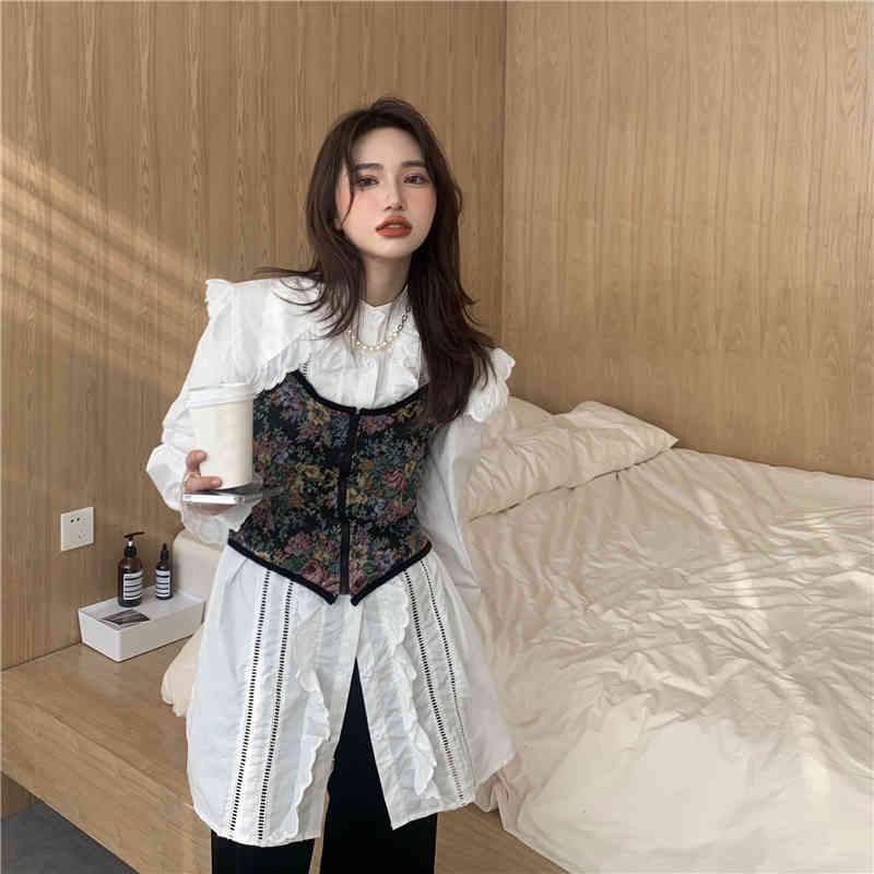 Nomikuma Women Two Pieces Sets Medium-long Peter Pan Collar Blouse Shirt Vintage Floral Sling Vest Korean Spring Outfits 6E834 210427