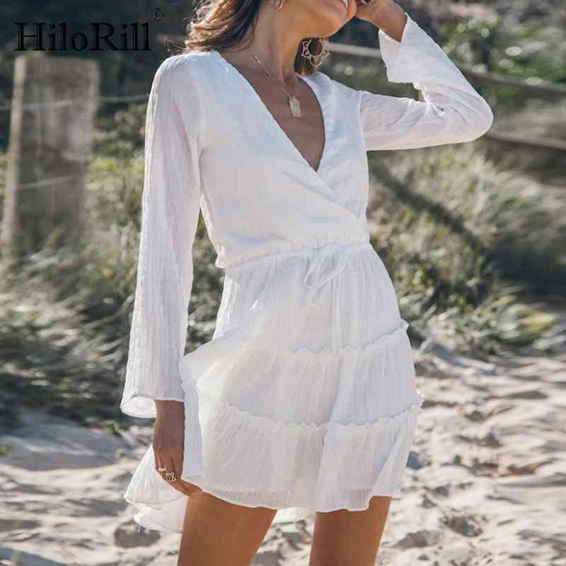 Women Sexy Deep V Neck White Mini Dress Long Sleeve A Line Holiday Casual Summer Elegant Bandage es Vestidos 210508